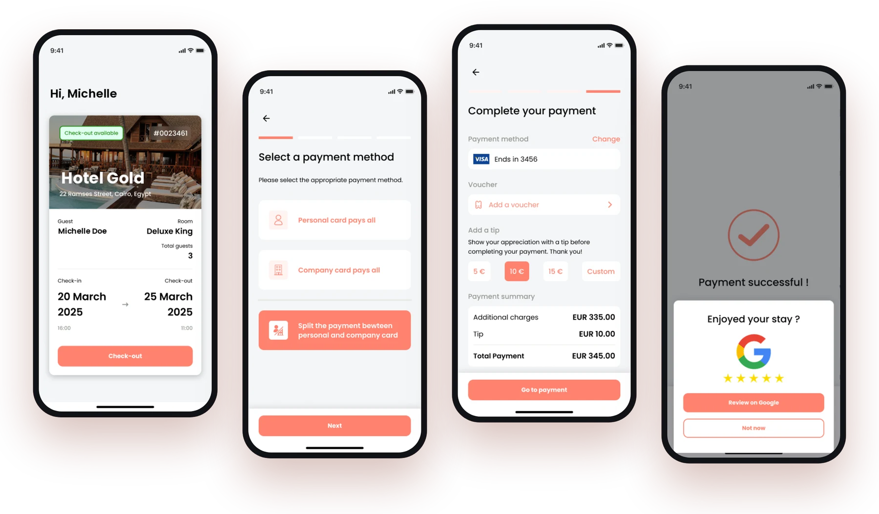 Check-out on the phone: booking card, payment method, tip and review