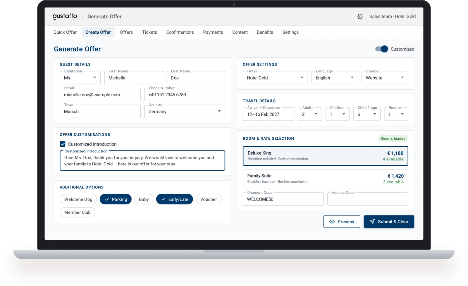 Offers & Bookings on a laptop: preparing an offer
